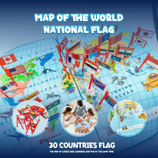 Wooden World Map With Recognition 30 Countries Flags | National Flags