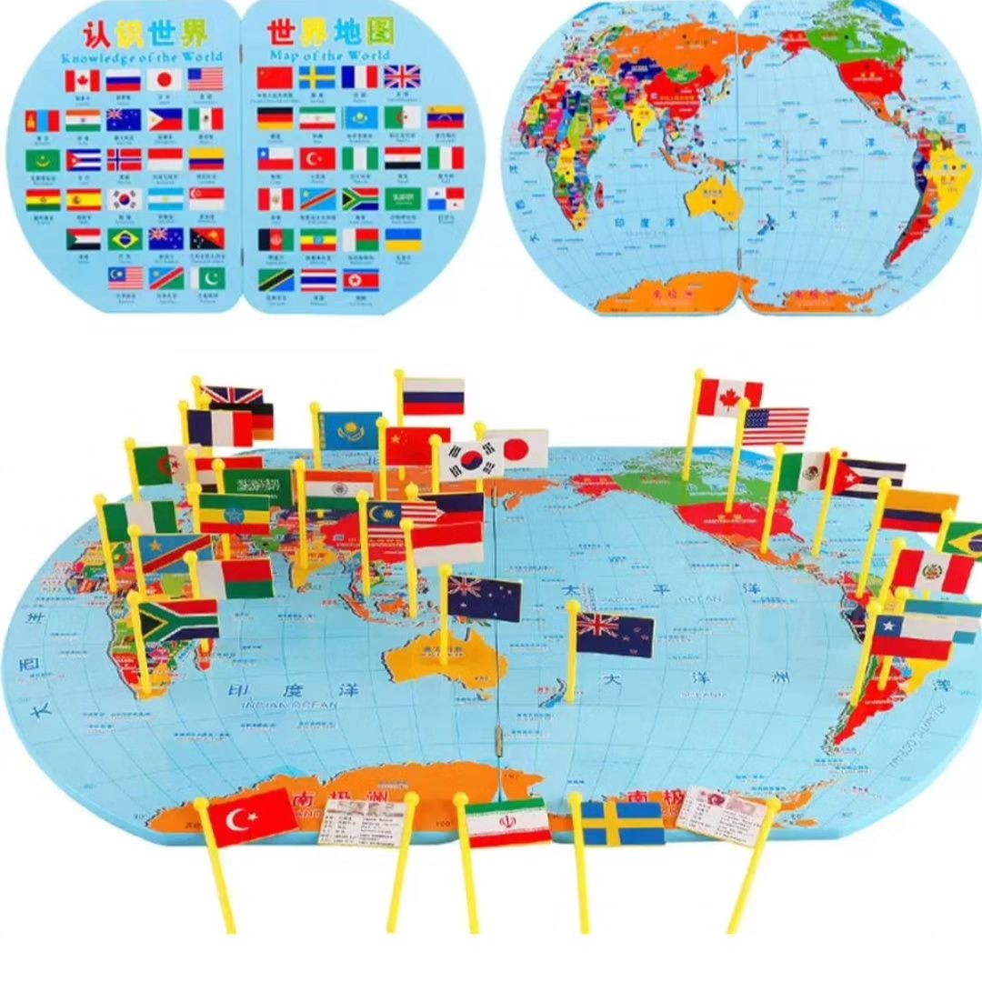 Wooden World Map With Recognition 30 Countries Flags | National Flags